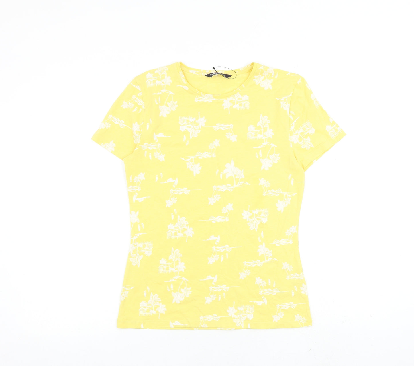 Marks and Spencer Womens Yellow Geometric 100% Cotton Basic T-Shirt Size 8 Round Neck