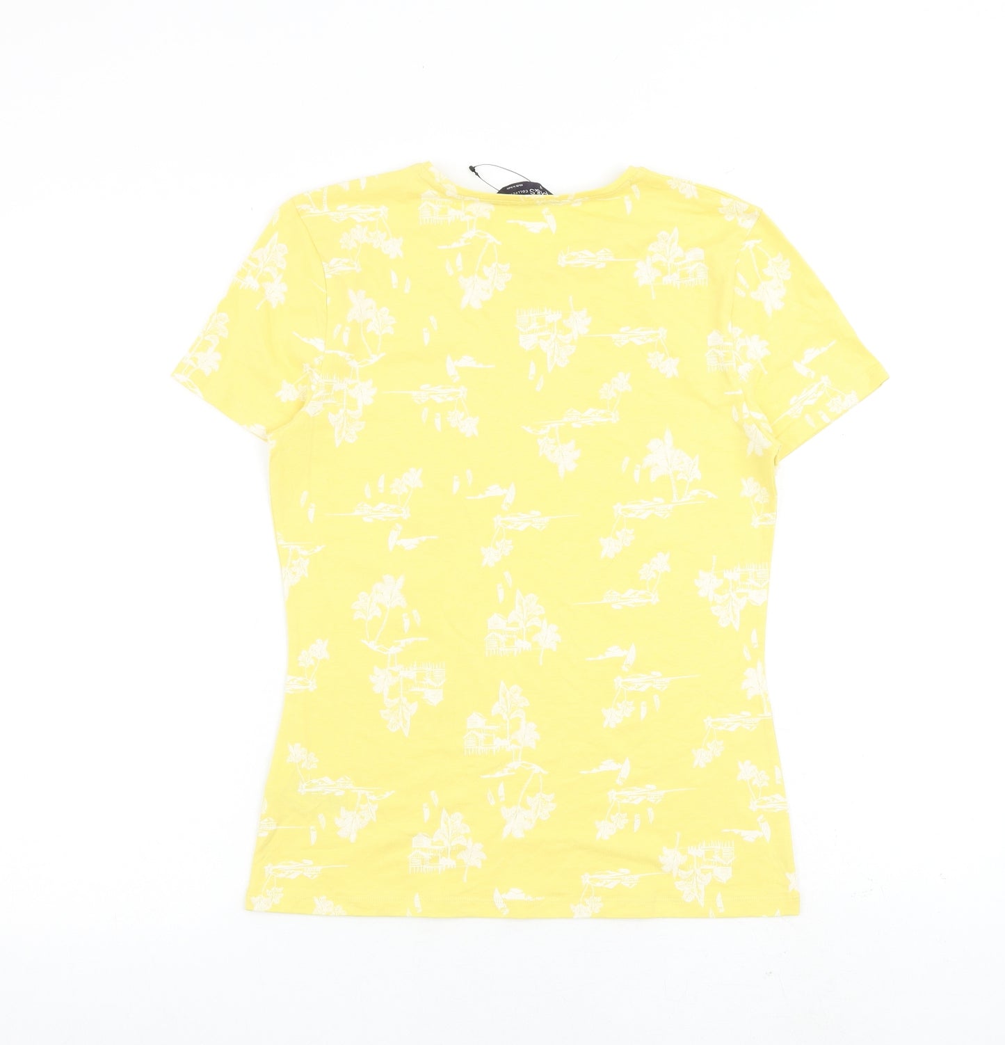 Marks and Spencer Womens Yellow Geometric 100% Cotton Basic T-Shirt Size 8 Round Neck