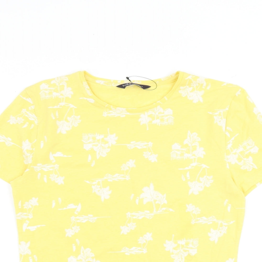 Marks and Spencer Womens Yellow Geometric 100% Cotton Basic T-Shirt Size 8 Round Neck
