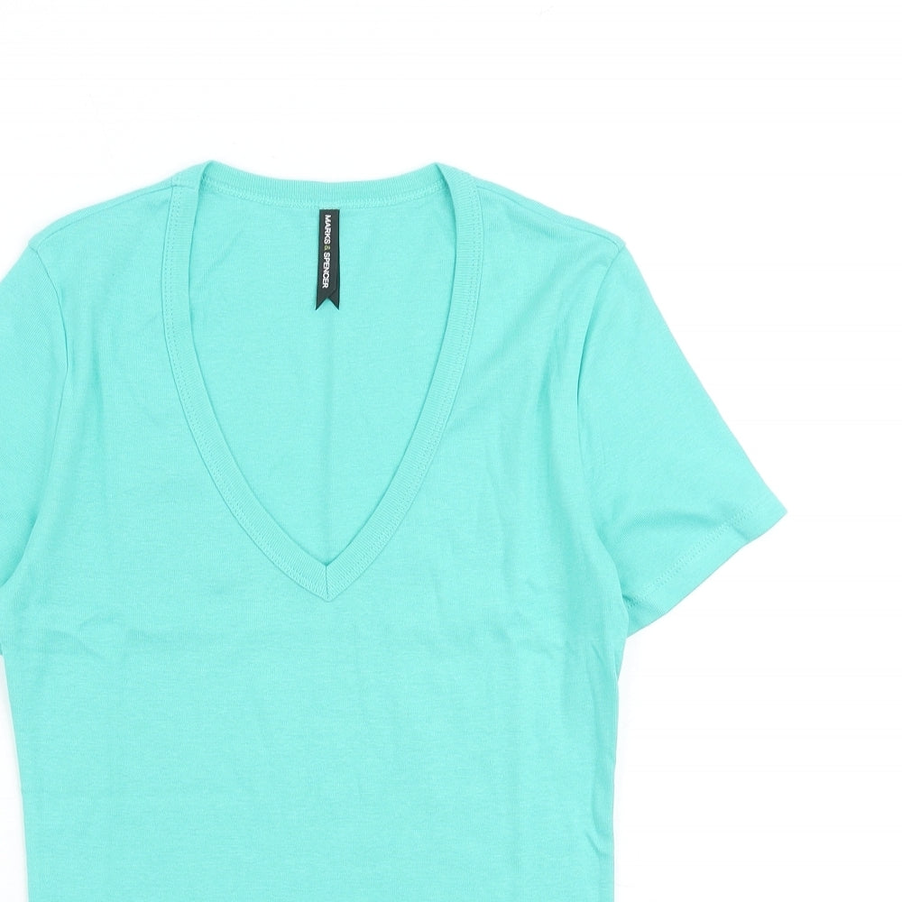 Marks and Spencer Womens Green 100% Cotton Basic T-Shirt Size 10 V-Neck
