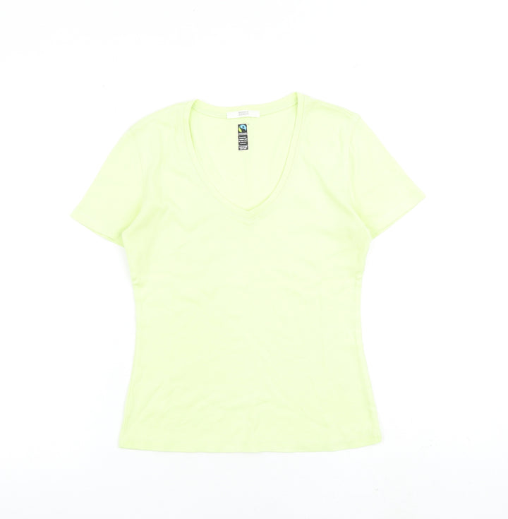 Marks and Spencer Womens Yellow 100% Cotton Basic T-Shirt Size 6 V-Neck