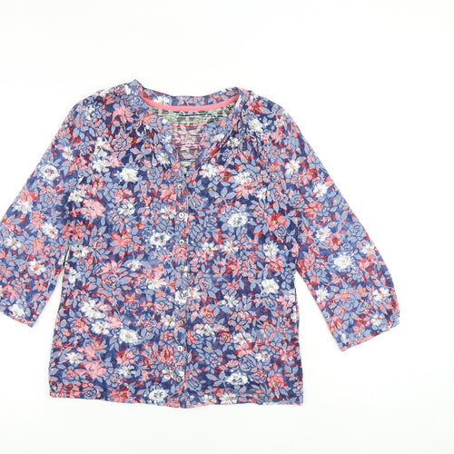 Per Una Womens Blue Floral Cotton Basic Button-Up Size 10 V-Neck