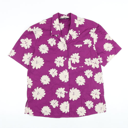 Marks and Spencer Womens Purple Floral 100% Cotton Basic Button-Up Size 10 Collared