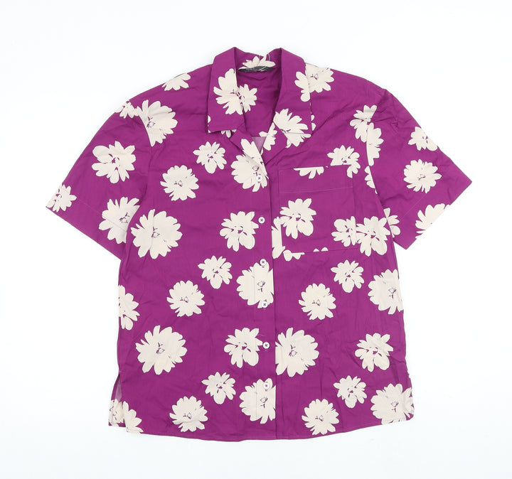 Marks and Spencer Womens Purple Floral 100% Cotton Basic Button-Up Size 10 Collared