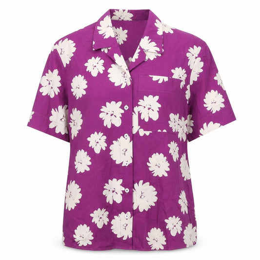Front view of Marks & Spencer women’s purple floral 100% cotton basic button-up, size UK 10, collared