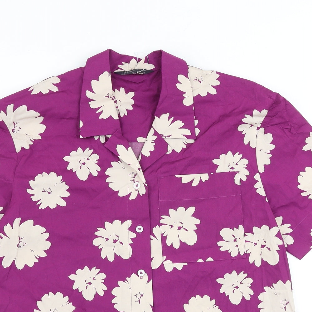 Marks and Spencer Womens Purple Floral 100% Cotton Basic Button-Up Size 10 Collared