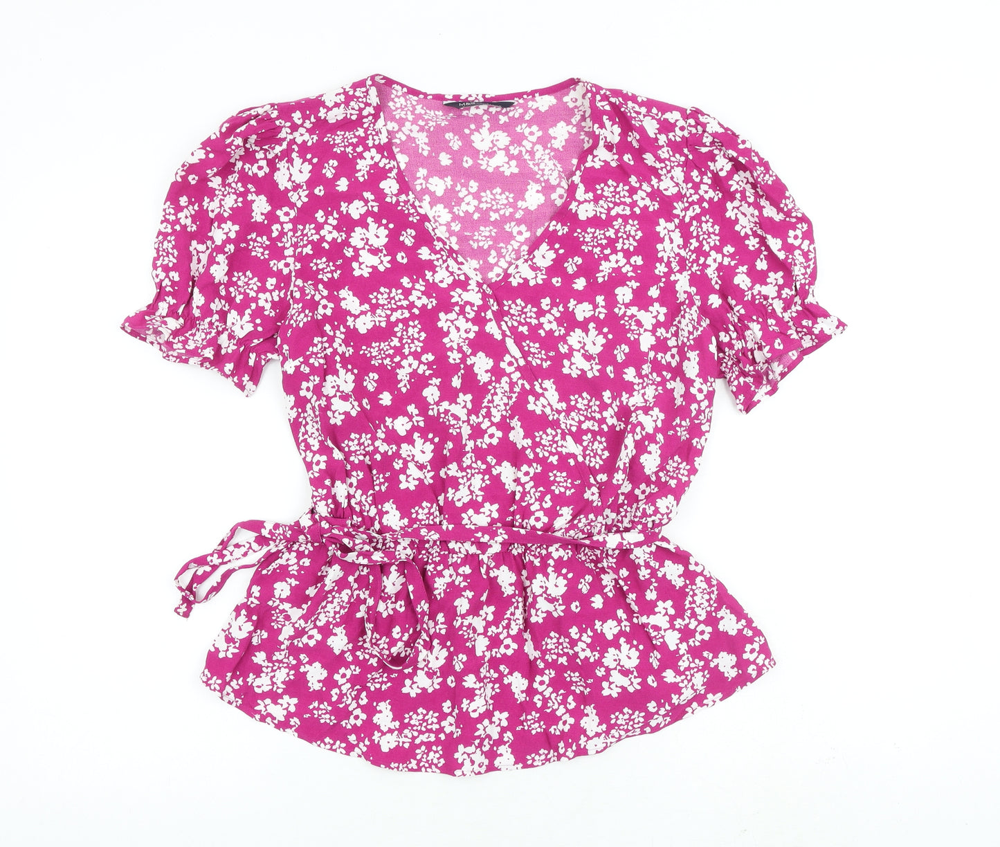 Marks and Spencer Womens Pink Floral Viscose Basic Blouse Size 10 V-Neck