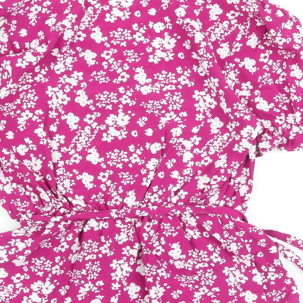 Marks and Spencer Womens Pink Floral Viscose Basic Blouse Size 10 V-Neck