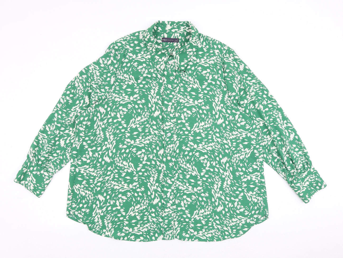 Marks and Spencer Womens Green Geometric Polyester Basic Button-Up Size 22 Collared