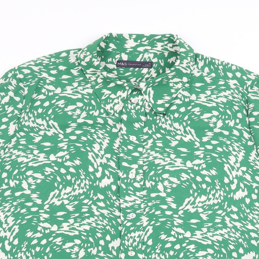 Marks and Spencer Womens Green Geometric Polyester Basic Button-Up Size 22 Collared