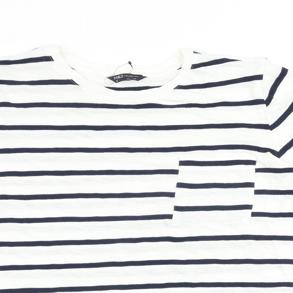 Marks and Spencer Womens White Striped 100% Cotton Basic T-Shirt Size 18 Round Neck
