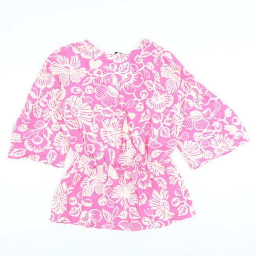 Marks and Spencer Womens Pink Floral Viscose Basic Blouse Size 10 V-Neck