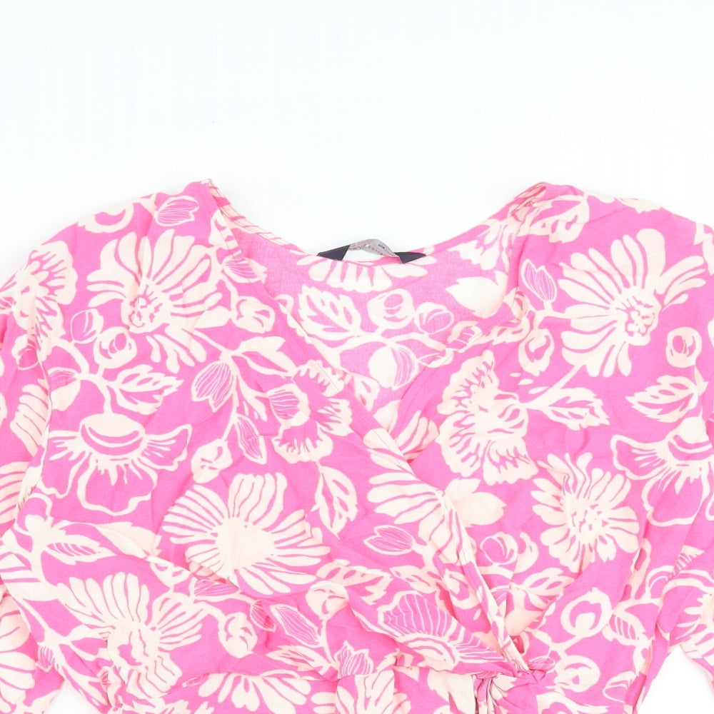Marks and Spencer Womens Pink Floral Viscose Basic Blouse Size 10 V-Neck