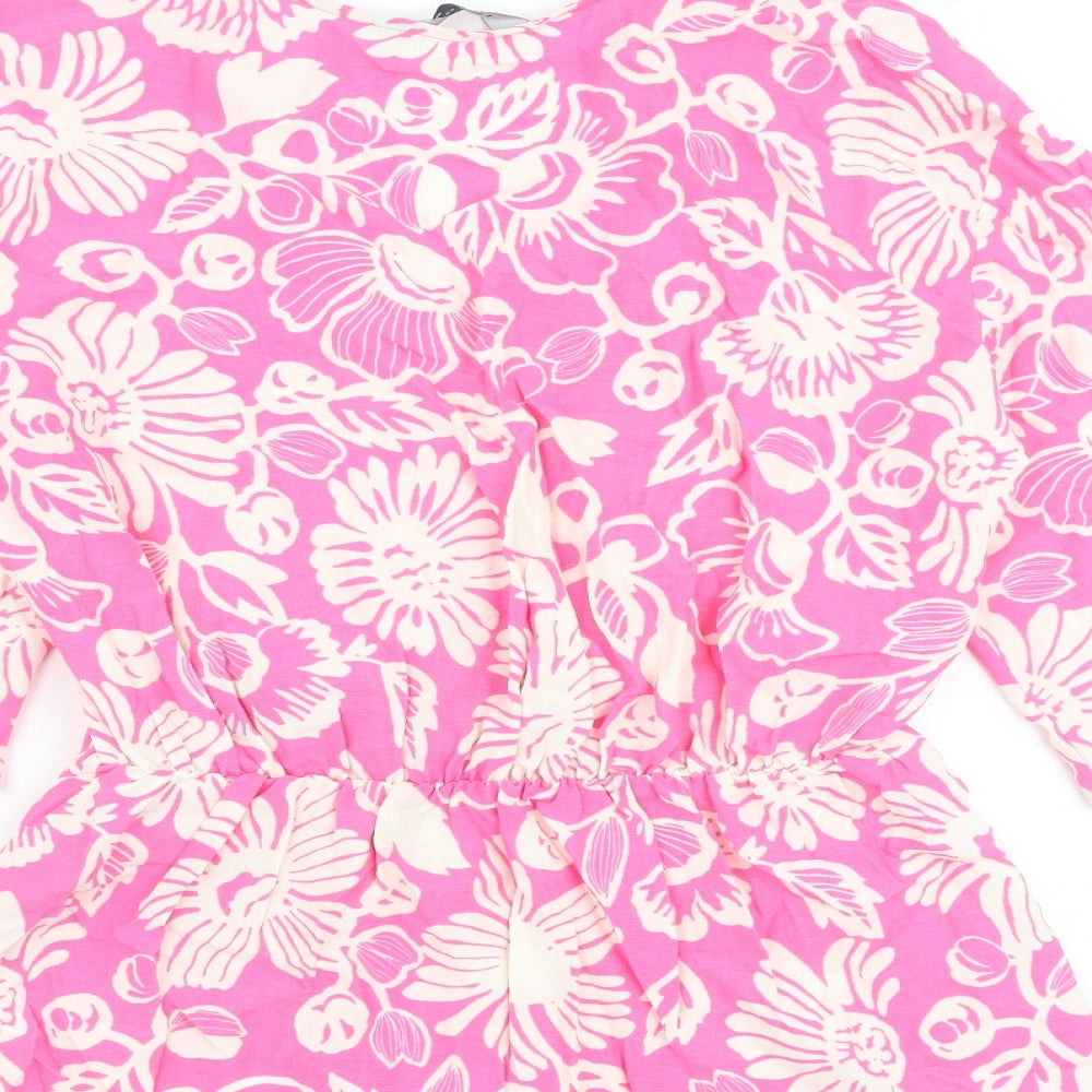Marks and Spencer Womens Pink Floral Viscose Basic Blouse Size 10 V-Neck