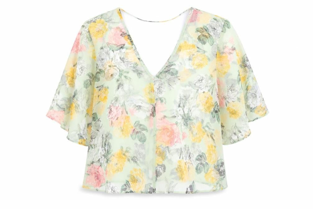 Front view of Miss Selfridge women’s green floral polyester basic blouse, size UK 12, v-neck