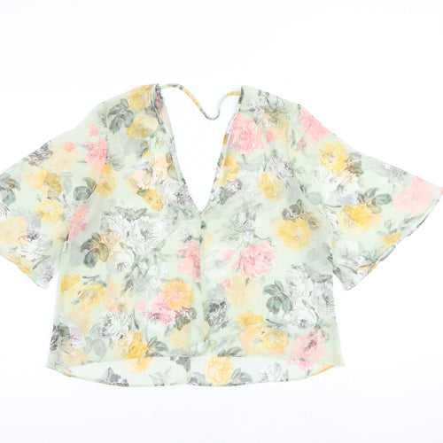 Miss Selfridge Womens Green Floral Polyester Basic Blouse Size 12 V-Neck