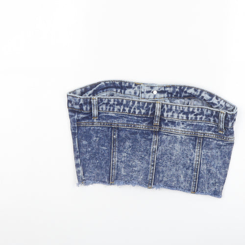 PRETTYLITTLETHING Womens Blue Cotton Cropped Blouse Size 10 Off the Shoulder