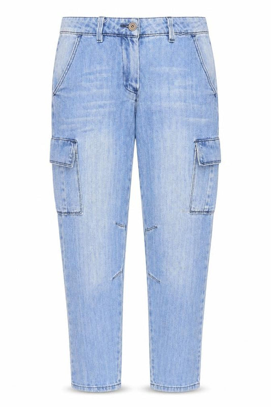 Front view of Next women’s blue cotton tapered jeans, size UK 10, 26-inch leg regular button