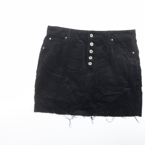 Boohoo Womens Black Cotton A-Line Skirt Size 14 Button