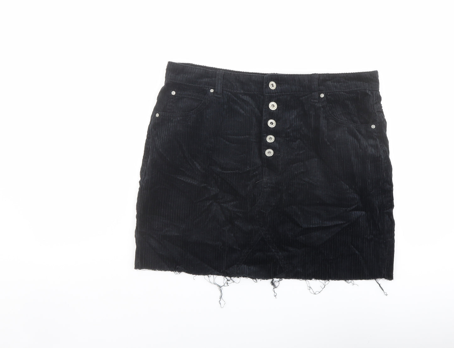 Boohoo Womens Black Cotton A-Line Skirt Size 14 Button