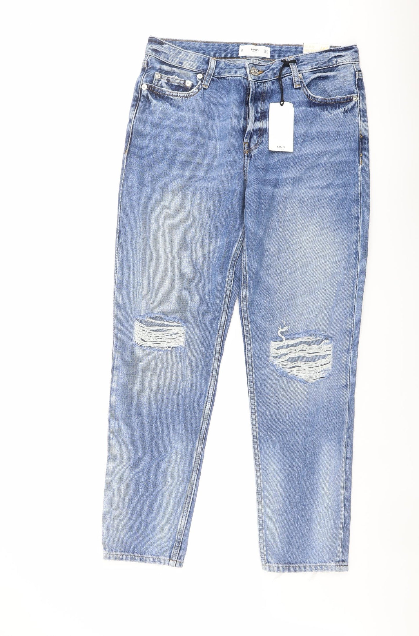 Mango Womens Blue Cotton Boyfriend Jeans Size 12 L28 in Relaxed Button
