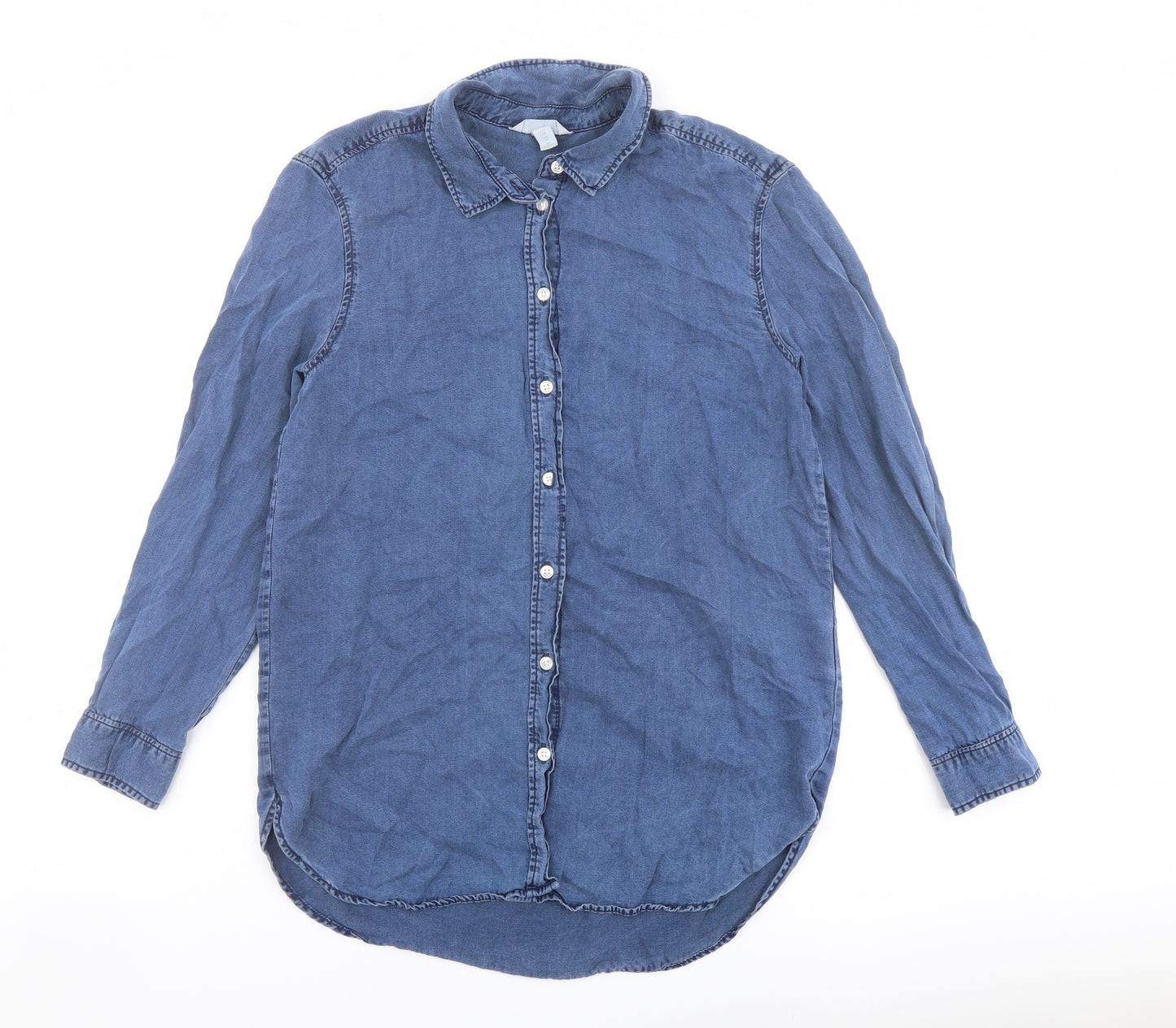 H&M Womens Blue Lyocell Basic Button-Up Size 10 Collared