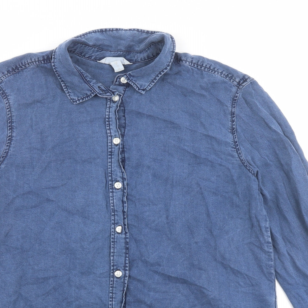 H&M Womens Blue Lyocell Basic Button-Up Size 10 Collared