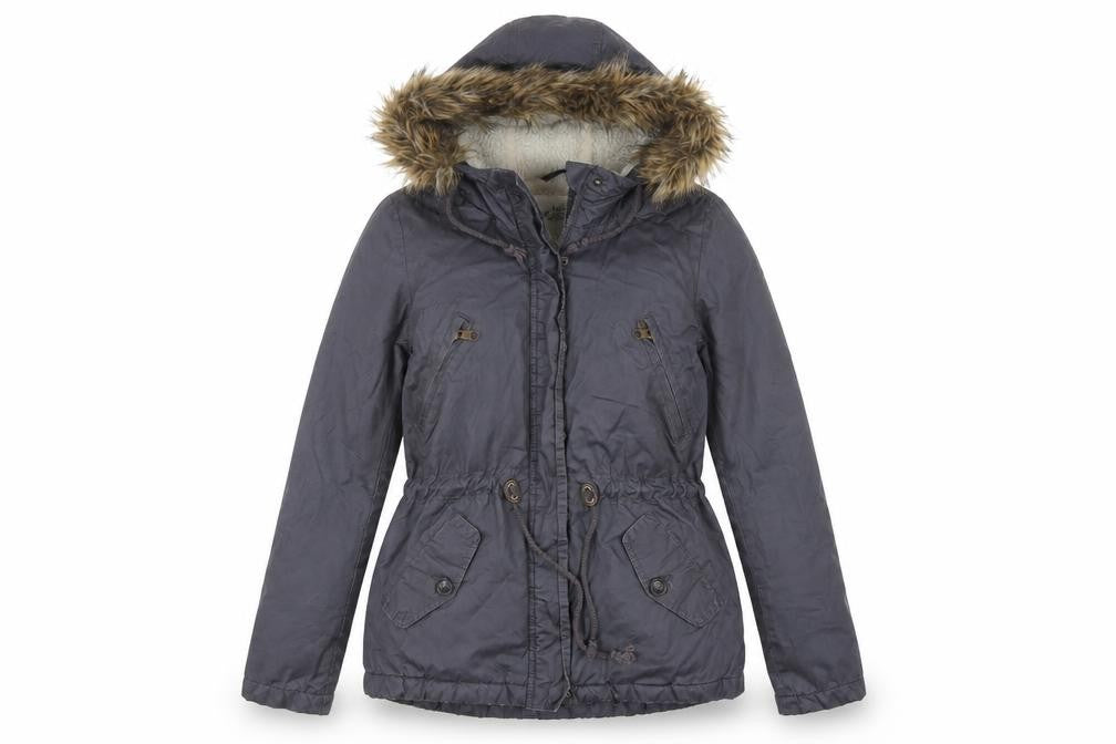 Front view of H&M women’s blue parka jacket, size UK 6, zip