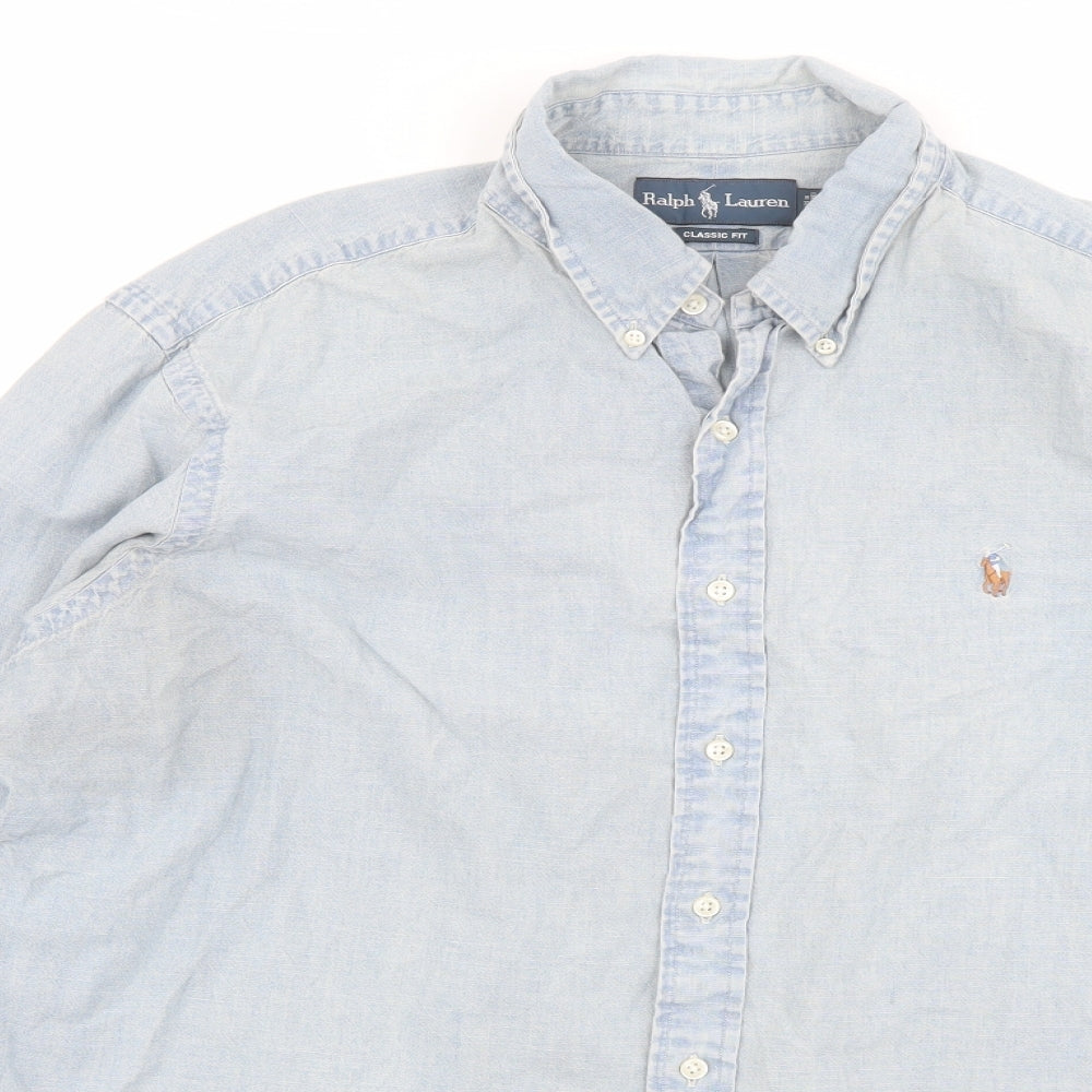 Ralph Lauren Mens Blue Cotton Button-Up Size XL Collared Button