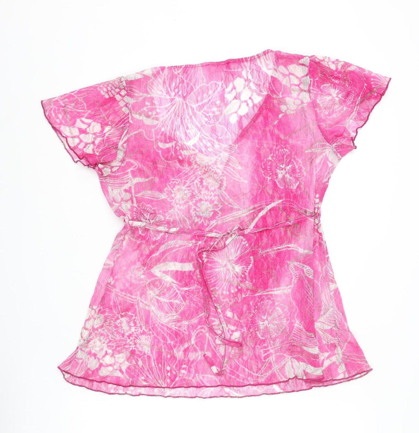 Per Una Womens Pink Floral Polyester Basic Blouse Size 14 V-Neck - Semi Sheer