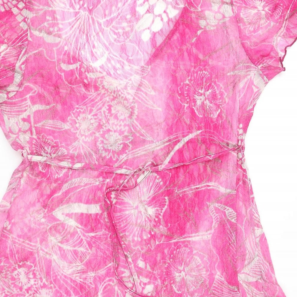 Per Una Womens Pink Floral Polyester Basic Blouse Size 14 V-Neck - Semi Sheer