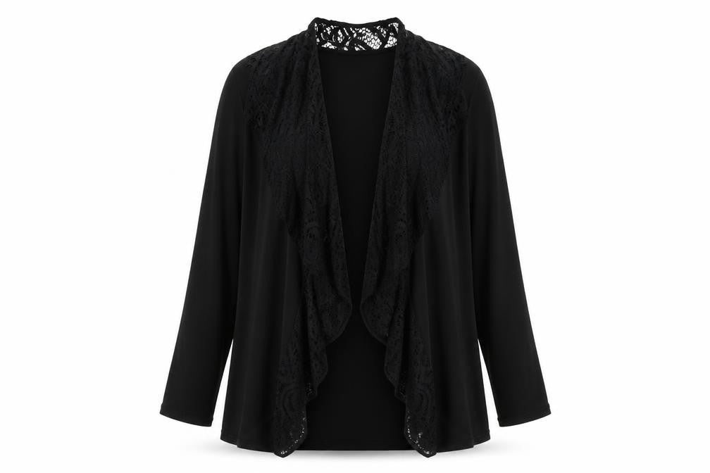 Nicole Womens Black Polyester Kimono Blouse Size L V-Neck - Lace Collar