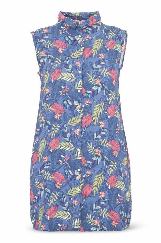 Front view of EWM women’s multicoloured geometric viscose shirt dress, size UK 14, collared button - plant print