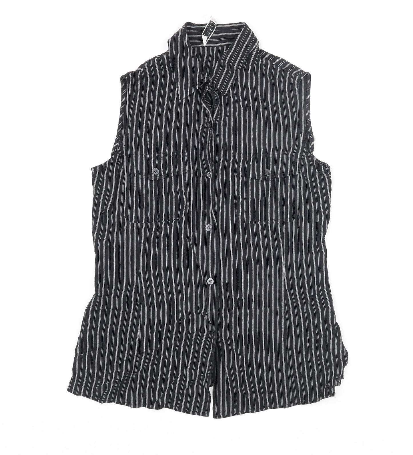 Precis Womens Black Striped Viscose Basic Button-Up Size 8 Collared