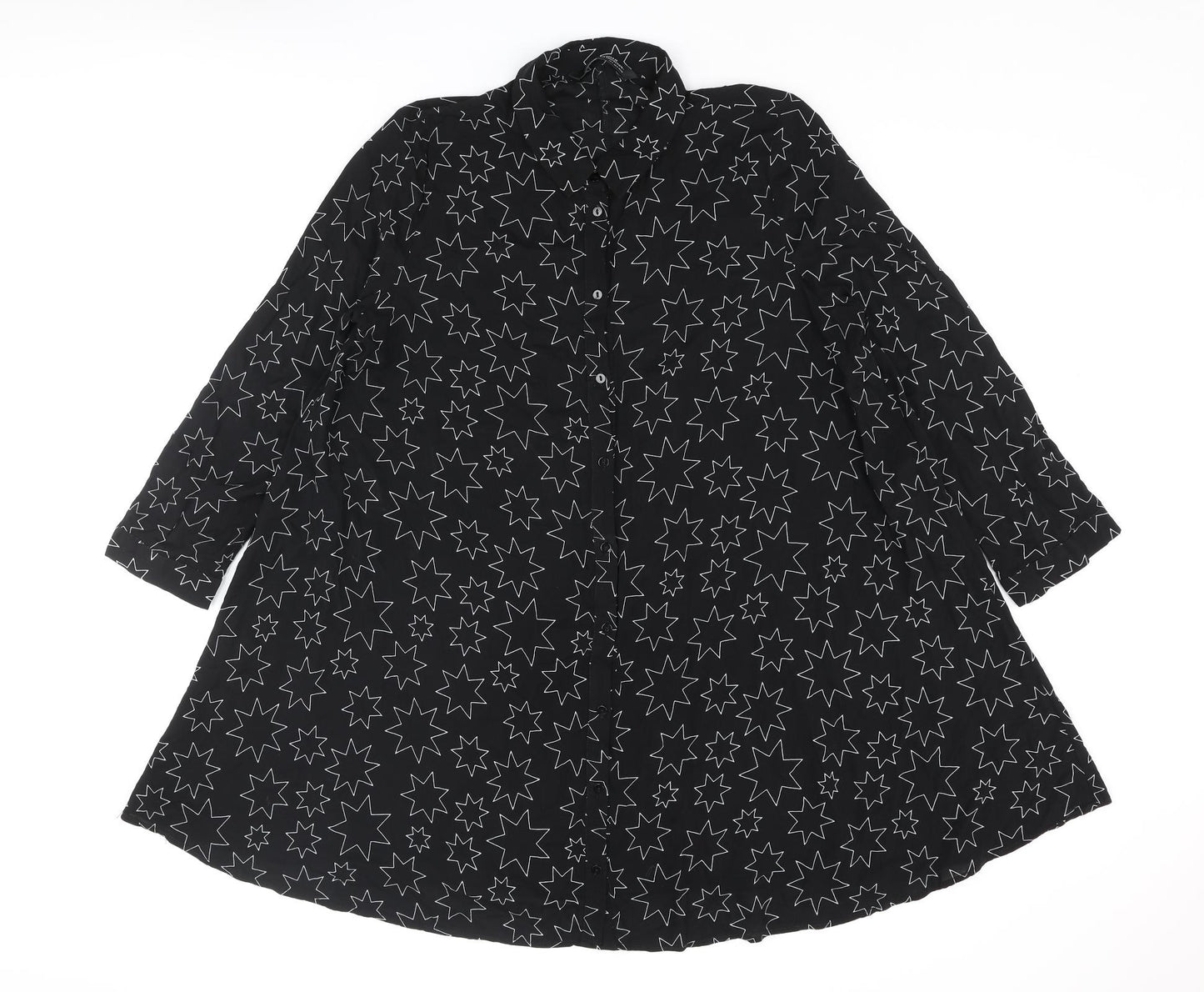 Zara Womens Black Geometric Polyester Shirt Dress Size M Collared Button - Star Print