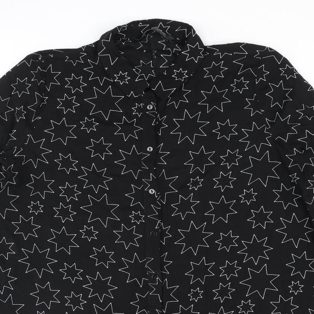 Zara Womens Black Geometric Polyester Shirt Dress Size M Collared Button - Star Print