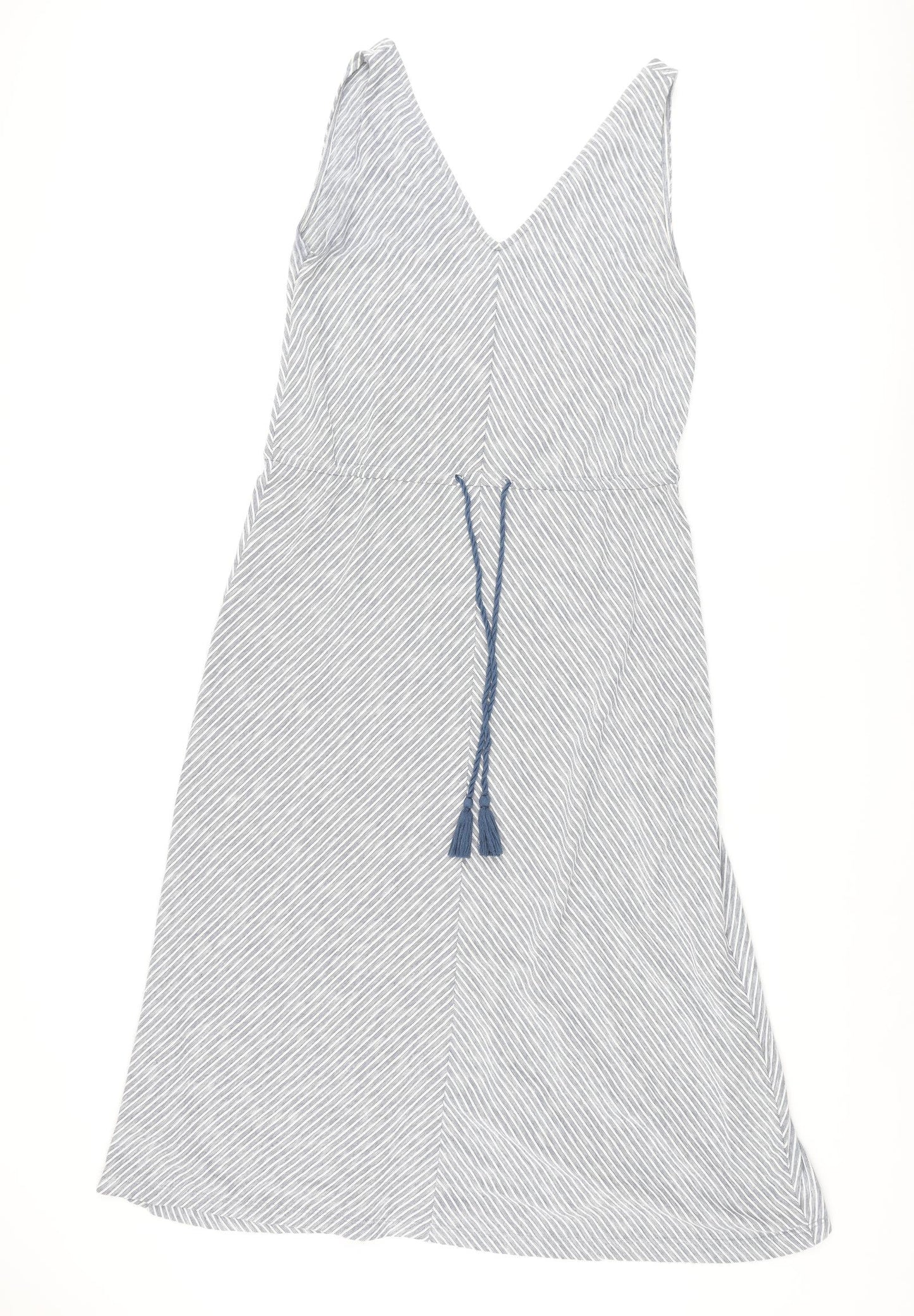 Esprit Womens Blue Striped Cotton Shift Size L V-Neck Pullover - Drawstring Waist