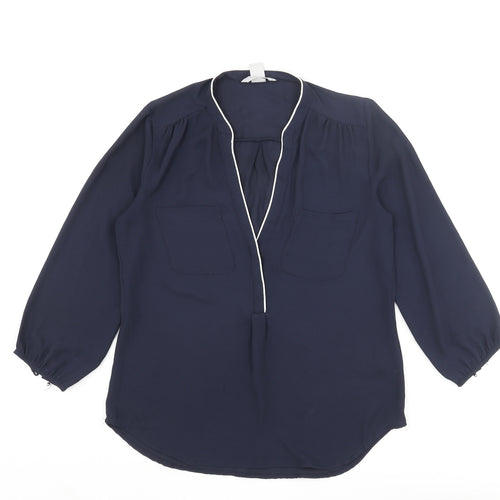 H&M Womens Blue Polyester Basic Blouse Size 6 V-Neck