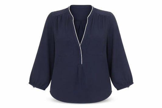 Front view of H&M women’s blue polyester basic blouse, size UK 6, v-neck