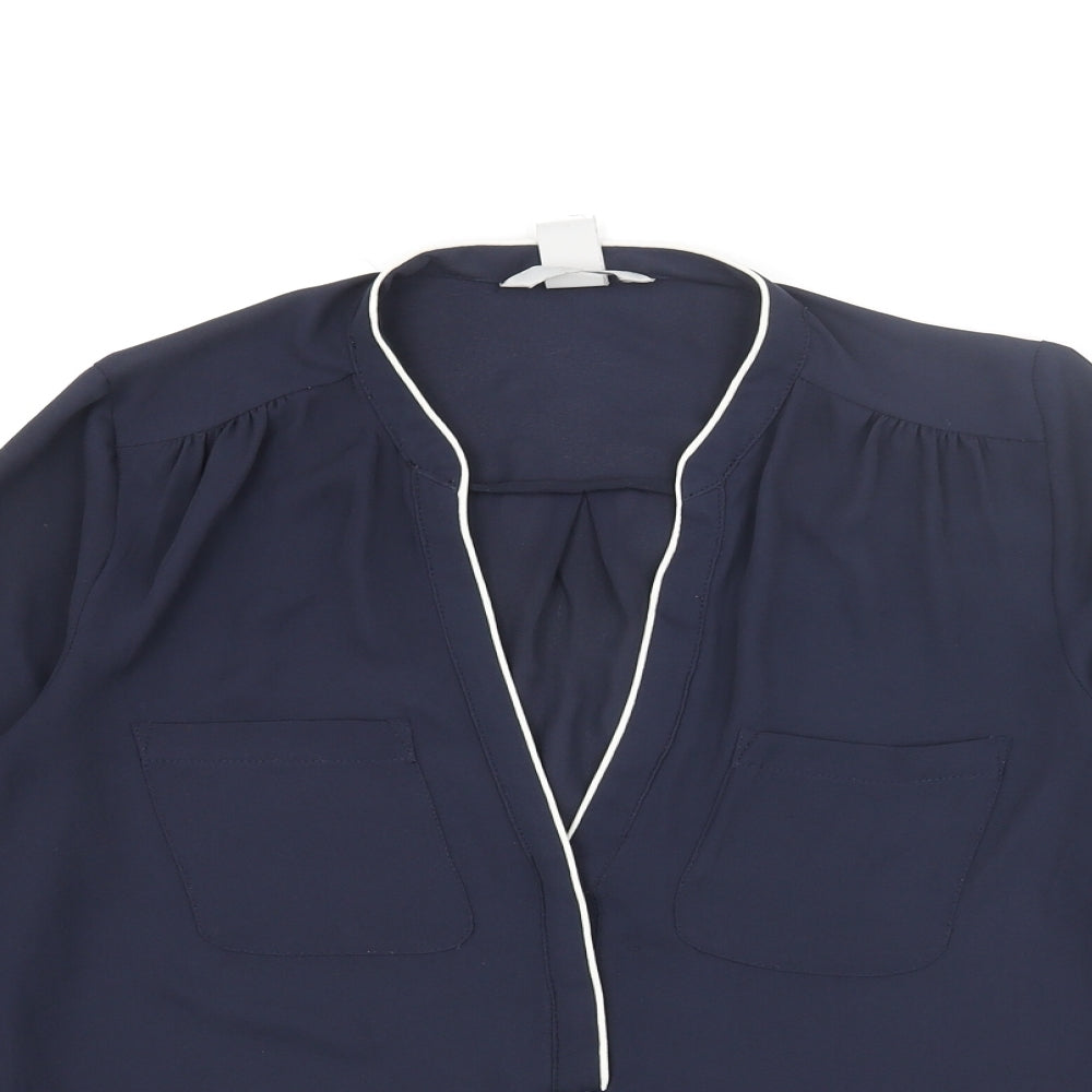 H&M Womens Blue Polyester Basic Blouse Size 6 V-Neck
