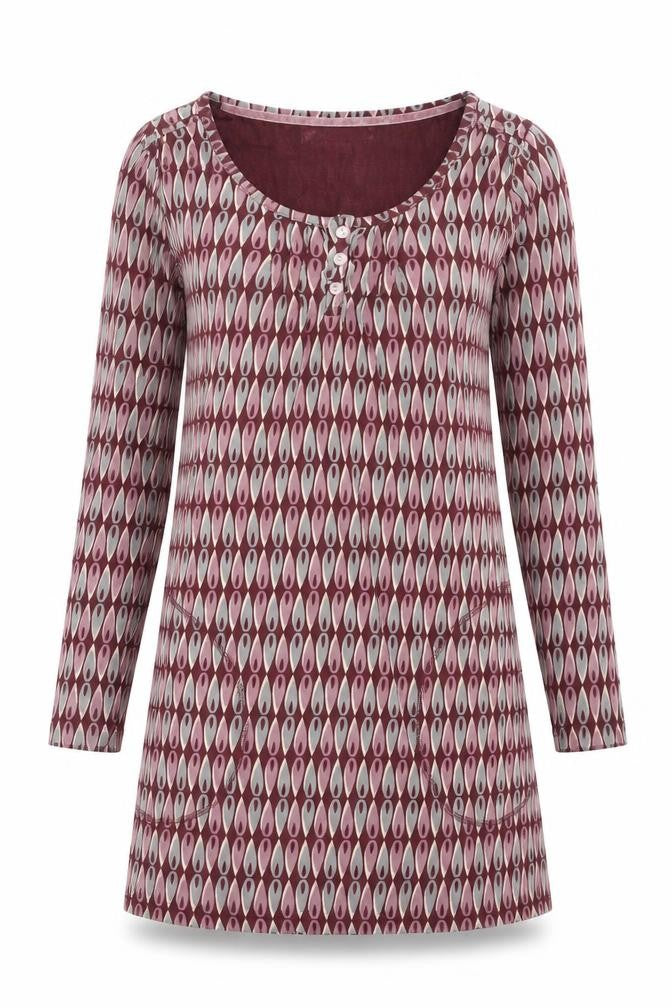 Front view of Mudd & Water women’s purple geometric cotton mini, size UK 8, henley button - pocket