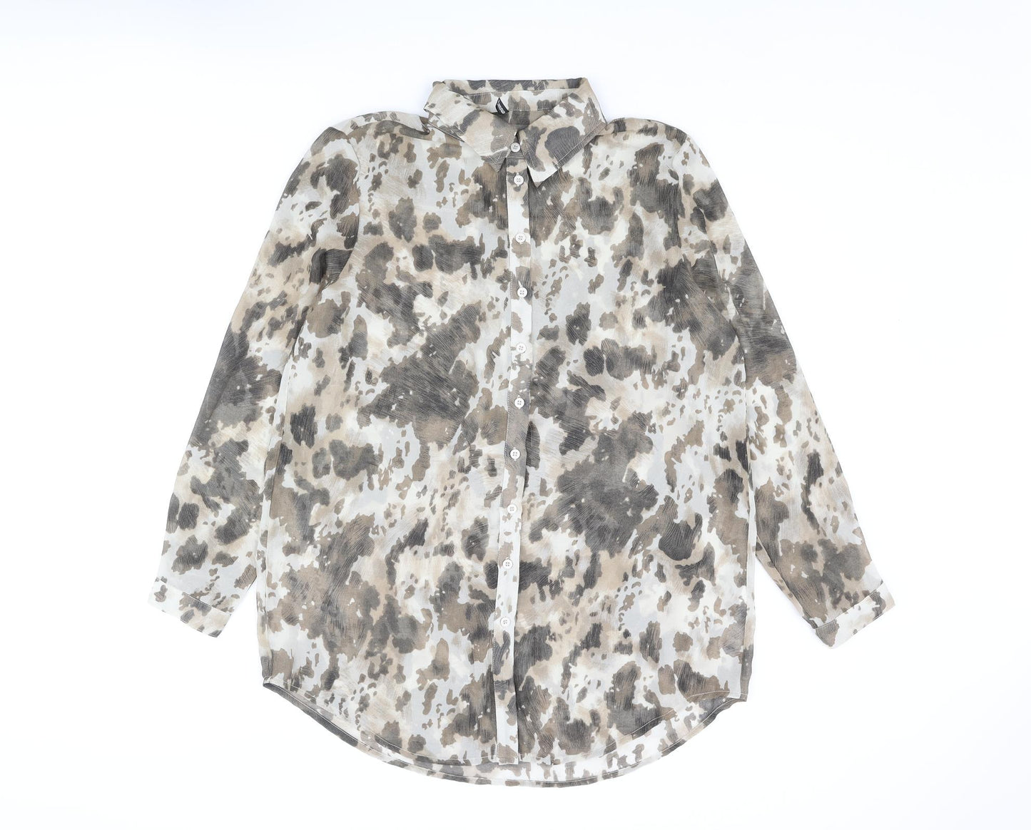 PRETTYLITTLETHING Womens Beige Geometric Polyester Basic Button-Up Size 8 Collared - Semi Sheer