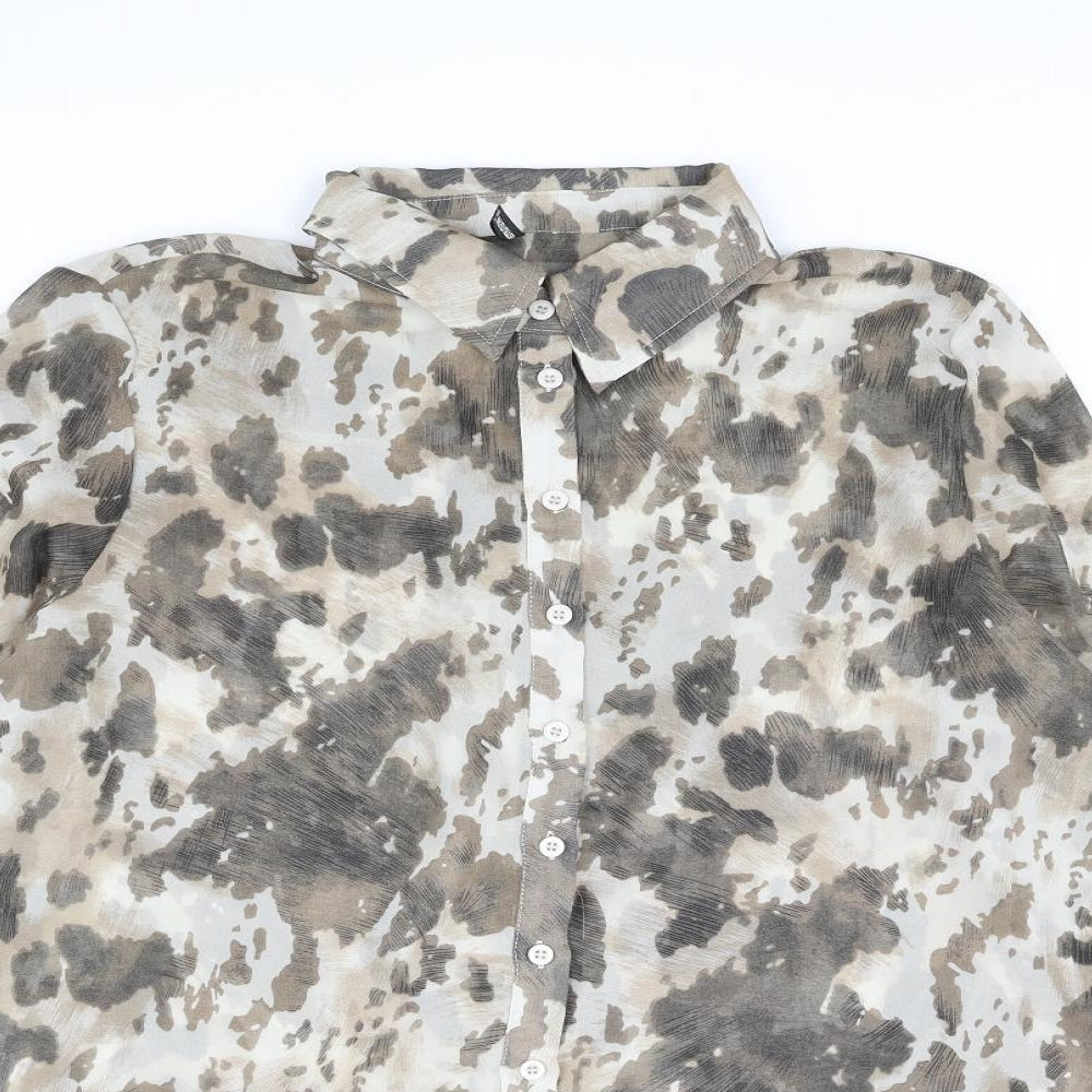 PRETTYLITTLETHING Womens Beige Geometric Polyester Basic Button-Up Size 8 Collared - Semi Sheer