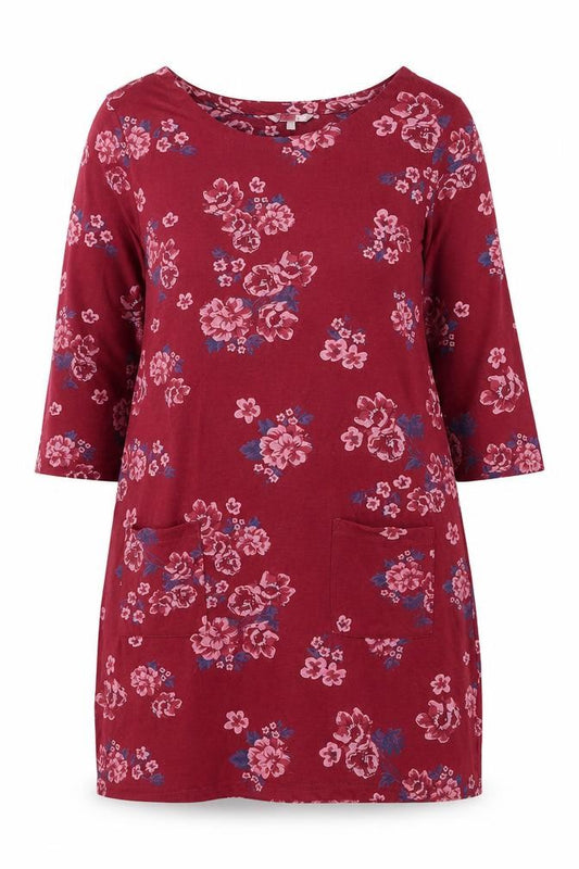Front view of Pebble Bay women’s red floral polyester shift, size UK 16, round neck pullover - pocket
