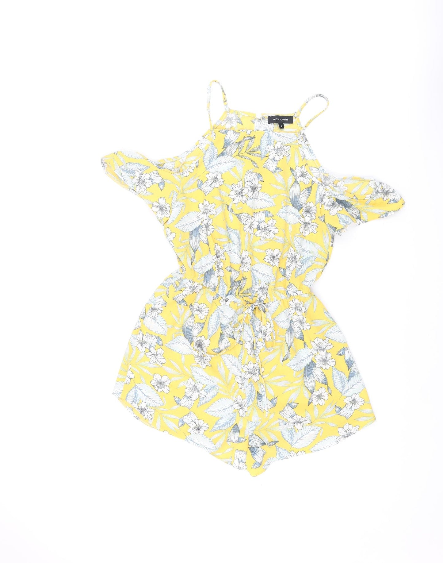 New Look Womens Yellow Floral Polyester Playsuit One-Piece Size 8 L3 in Button - Cold Shoulder Drawstring Waist