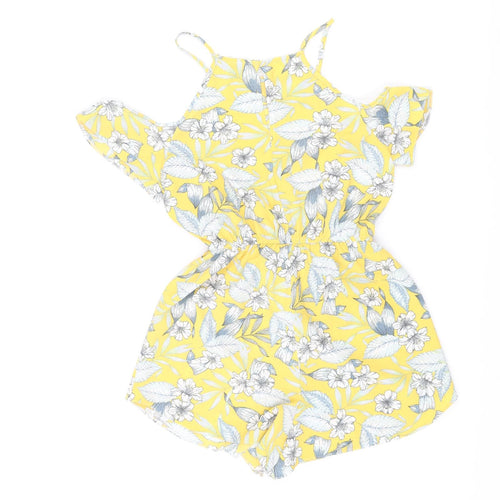 New Look Womens Yellow Floral Polyester Playsuit One-Piece Size 8 L3 in Button - Cold Shoulder Drawstring Waist