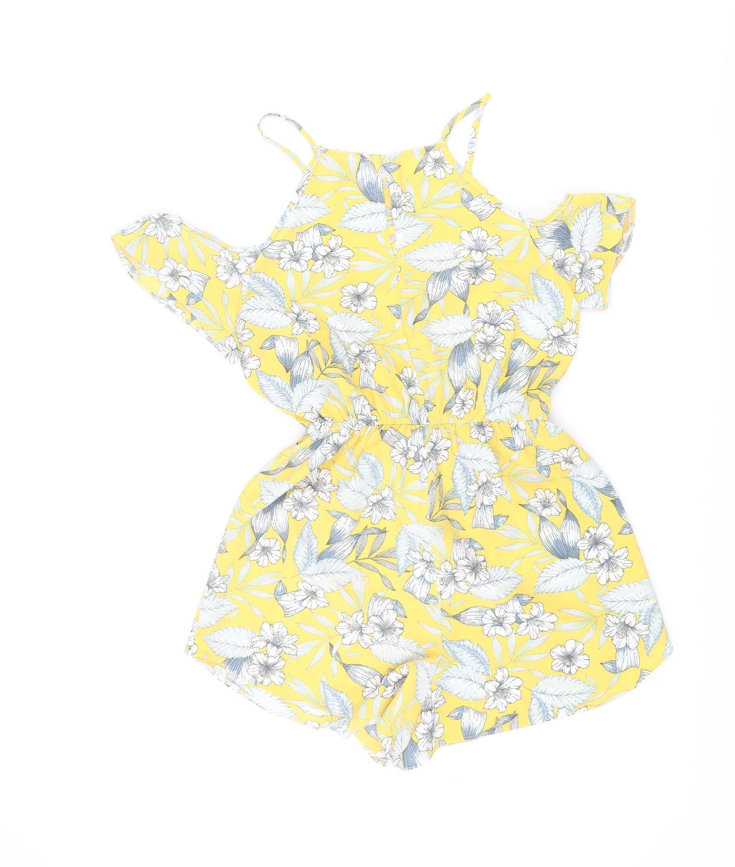 New Look Womens Yellow Floral Polyester Playsuit One-Piece Size 8 L3 in Button - Cold Shoulder Drawstring Waist