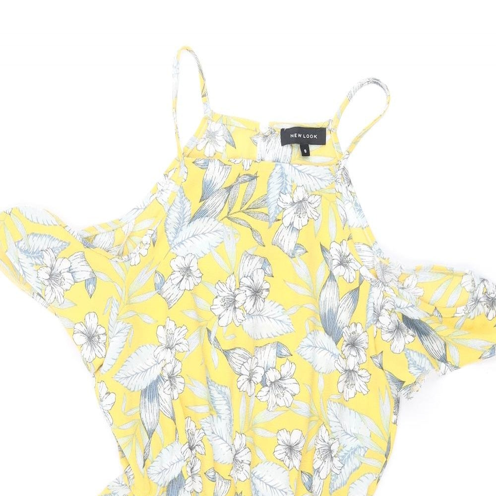 New Look Womens Yellow Floral Polyester Playsuit One-Piece Size 8 L3 in Button - Cold Shoulder Drawstring Waist