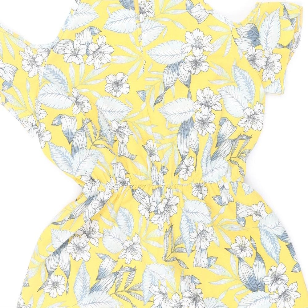 New Look Womens Yellow Floral Polyester Playsuit One-Piece Size 8 L3 in Button - Cold Shoulder Drawstring Waist