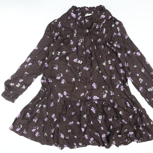 Kaffe Womens Brown Floral Viscose A-Line Size 14 V-Neck Button - Frill